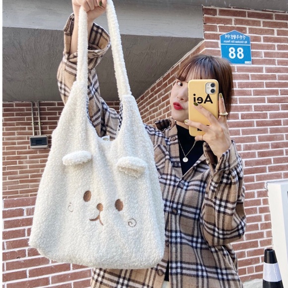 Handbags - Bag plush bear cute white shoulder bag cartoon fun